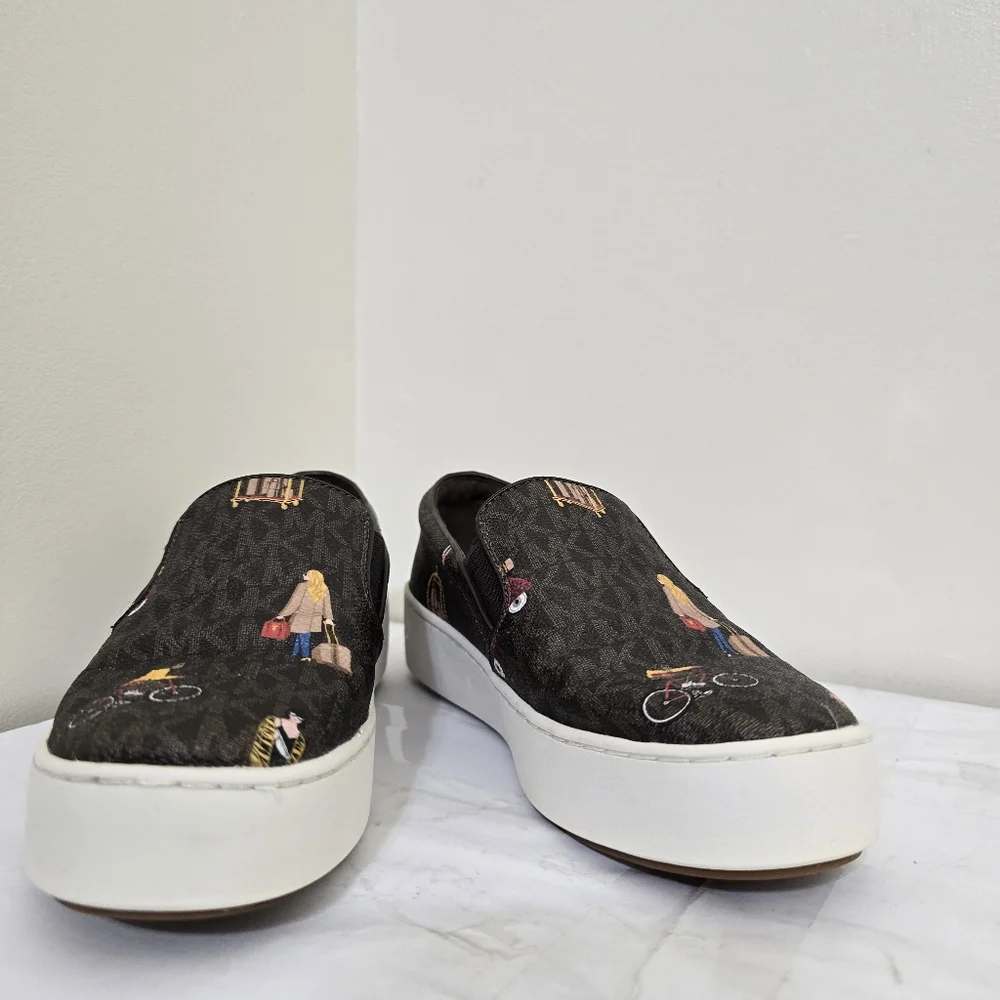 MICHAEL KORS size 7 Jet Set Trent Travel Print Logo Slip On‎ Shoes Brown